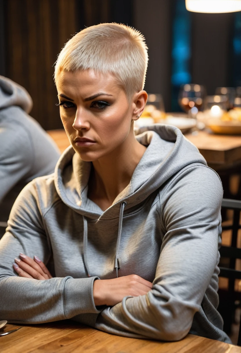 Beautiful very Muscular blonde female with a buzz cut sitting at the dinner table with a sad expression on her face wearing a gray hoodie