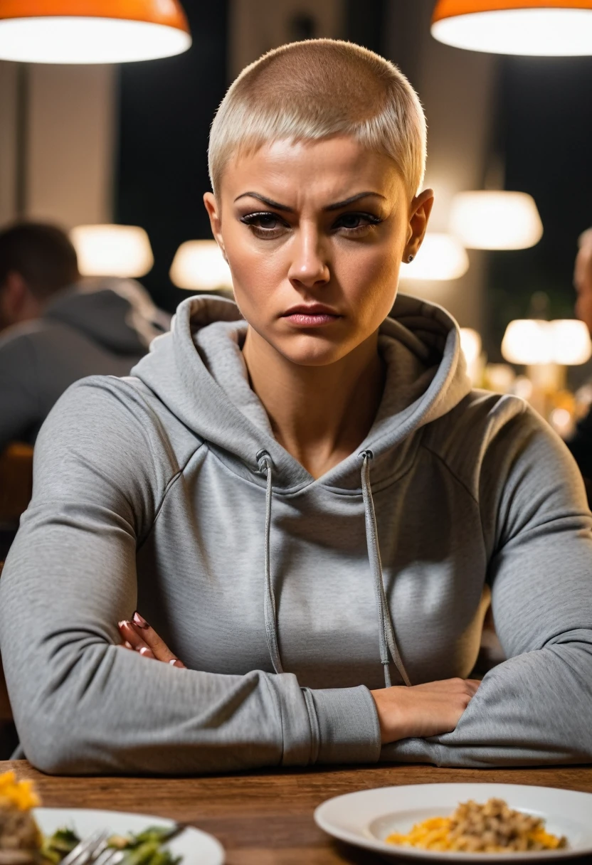 Beautiful very Muscular blonde female with a buzz cut sitting at the dinner table with a sad expression on her face wearing a gray hoodie