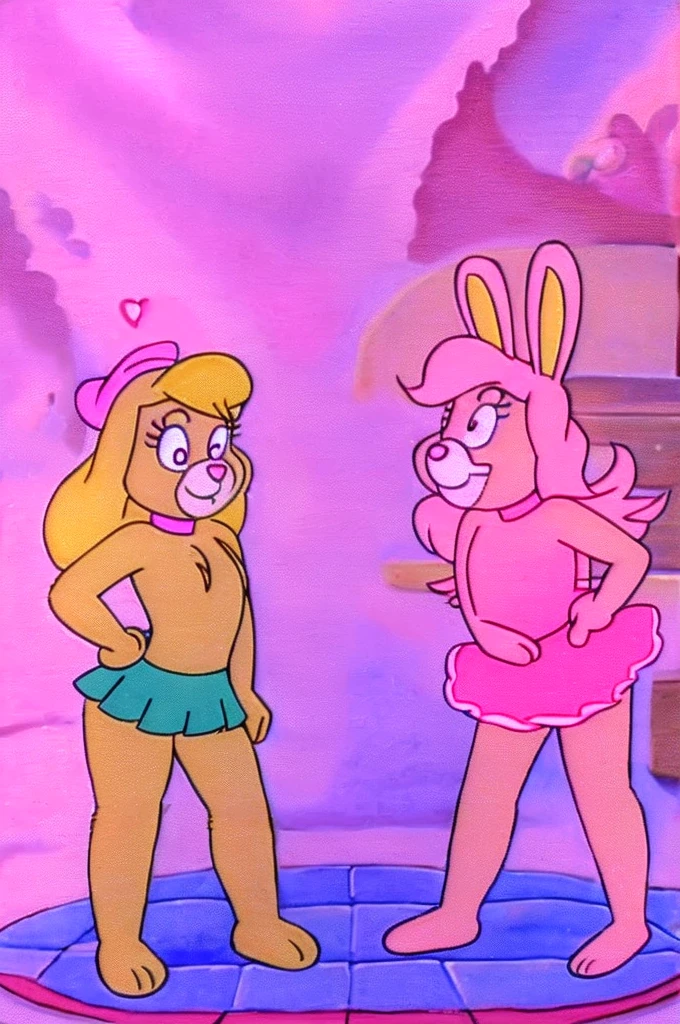Furry Yellow bunny with white eyes with hot pink pupil and pink collar with a heart, with mat instead of chest without clothes cartoonish Hanna-Barbera type, Women, Mexican pink volume skirt, BALD, holding her hip, cupid, wings