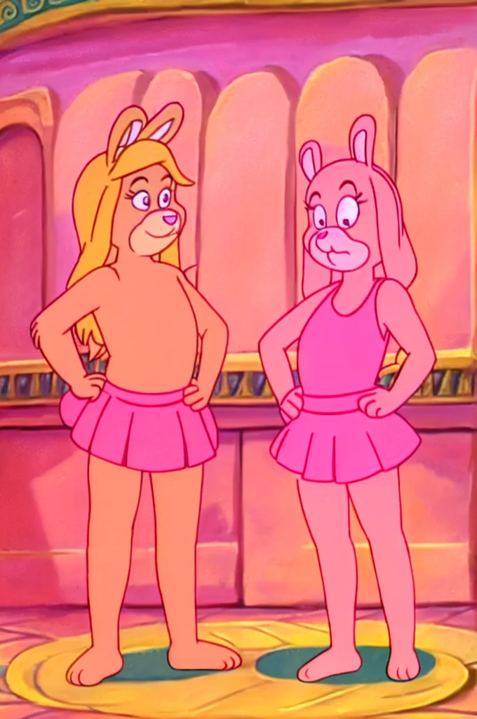 Furry Yellow bunny with white eyes with hot pink pupil and pink collar with a heart, with mat instead of chest without clothes cartoonish Hanna-Barbera type, Women, Mexican pink volume skirt, BALD, holding her hip, cupid, wings