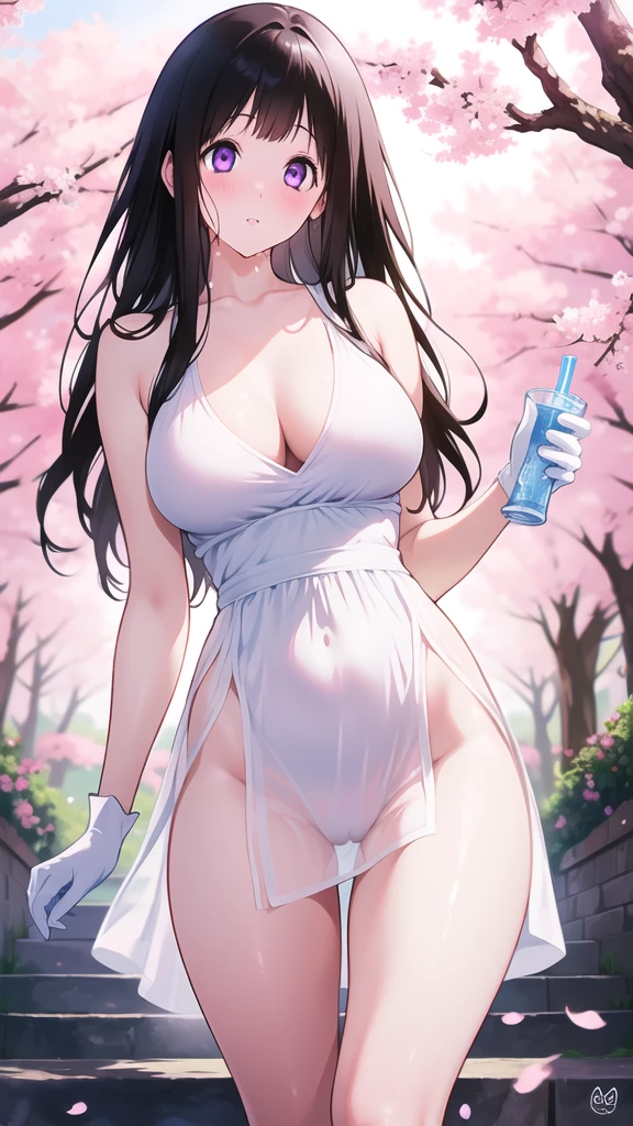 Amazing Chitanda, There is only one beautiful girl,Purple Eyes, Black Hair, Very red face,Very white skin,Glowing skin,Skin as delicate as porcelain,Naturally straight hair, Straight bangs,Extremely refined,Open lips,Long flowing hair,Beautiful Girl, Like a dream,Slim,Slim waist,Soft, (Sensual), (Kawaii), Dream quality,Beautiful big breasts,Transparent loose dress,Areola,Completely naked,White gloves,Flower decoration,Deep V neckline,Loose neckline,Wide neckline,Walking in school,Place your hands on your inner thighs,Thighs clamp hands,Wet skin,Sweaty and sweaty,Sweating all over,Underwear Rain,Next to the cherry blossom trees,Back to,Lean over,Hips,Side body,Gluteal groove,Completely naked的臀部,Bare back,Completely naked的背部,Light transmission,(no pants),nopan,pussy juice,Bare shoulders,Bare neck,Exposed collarbone,Exposing breasts,Exposing breasts侧面,Exposing breasts下面,Show your waist,Show your buttocks,Show your thighs,Exposing the groin,(No pants),extremely shy,Ultra-high resolution, (masterpiece:1.2, best quality), (Delicate and beautiful eyes: 1.2), (Beautiful and delicate face)