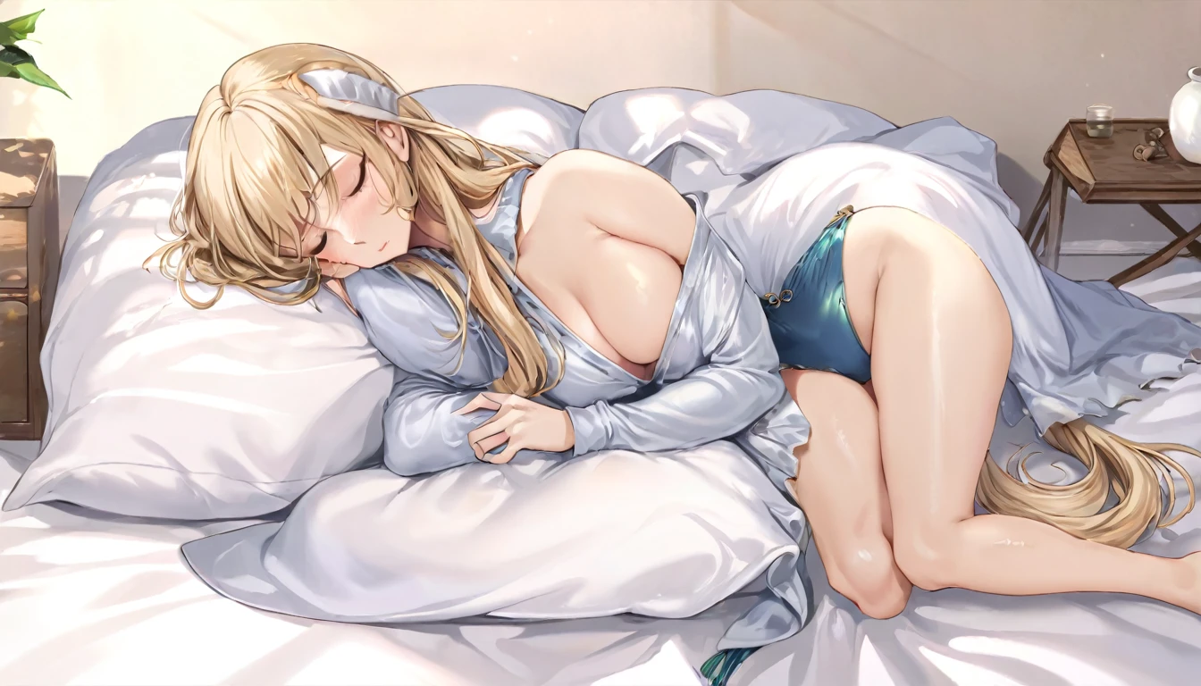 Elf woman sleeping face down in bed, relaxed expression, long loosely wavy blonde hair, sleeping with her pet dog, the dog curled up next to her and sleeping, soft morning light, calm atmosphere, detailed and clear drawing, warm and gentle colors
(Highest quality, 8K quality, Masterpiece: 1.3, High resolution, Tabletop: 1.2, Realism: 1.3), Front view: 0.8, Full body Esbian: 1.3, Staring into the camera, (Well-groomed hair), Beautiful face, (Young gravure idol, Sophisticated gravure idol), (Perfect face down to the smallest detail), Normal hands: 1.5, Normal fingers: 1:5, Normal legs: 1.5