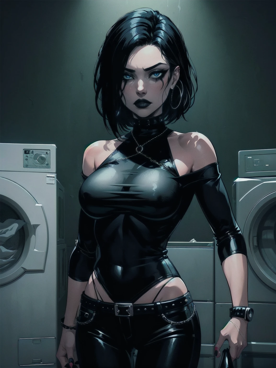 a woman with medium black hair, hair on shoulders, wearing black pant, black jacket, blue eyes, zombie art, gothic art, cute aesthetic with vibe, toon aesthetic, wearing gothic accessories, look like Cassie Hack, upper body, laundry background