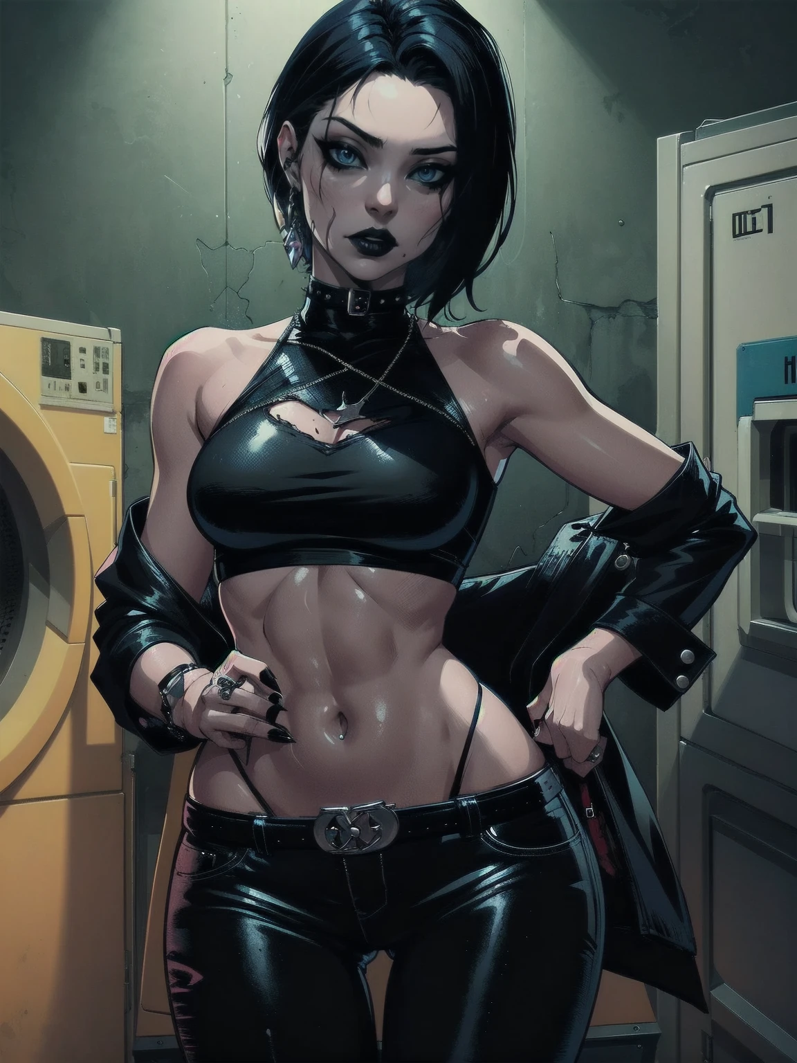 a woman with medium black hair, hair on shoulders, wearing black pant, black jacket, blue eyes, zombie art, gothic art, cute aesthetic with vibe, toon aesthetic, wearing gothic accessories, look like Cassie Hack, upper body, laundry background
