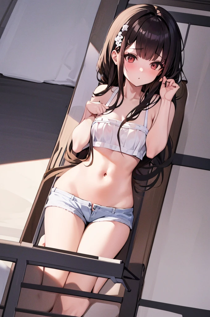 A anime girl, milky white skin, light brown hair, lying down on a bed on her stomach, wearing black jean booty shorts, with a white crop top