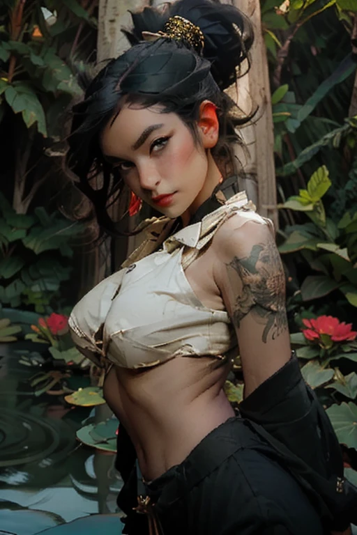 ankymoore, Ascending view, 1rapper with scary hair with tattoos, White and red sexy clothes(Camel toe), Graffiti background, (masterpiece), (The best quality:1.2), absurdities, intricate details, Flores, leaves, estate,black hair fused with platinum and gold, of girl, Beautiful visible pubic area., pink pesos, Small breasts visible, Water pond in the garden., tatuajes de mandalas y Flores en el cuerpo desnudo, floating old clock, lamplight, flashlight. black hair, hair bobbles, wince, longeyelashes, solid circle eyes, fake animal ears, light smile, ear blush, fang, ccurate, Surrealism, drop shadow, anaglyph, stereogram, tachi-e, Pov, atmospheric perspective, 8K, Super detail, Best quality