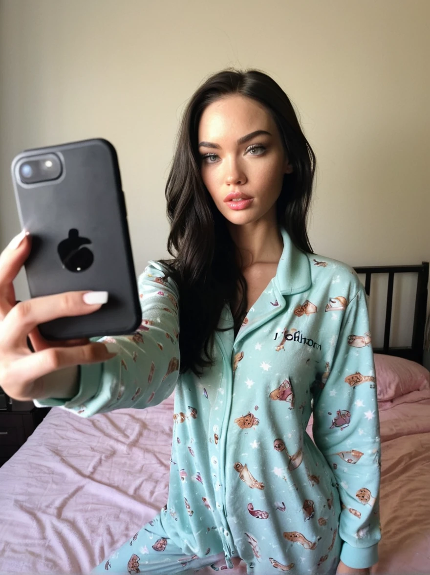 a realistic selfie miror instagram photo of a [ really beautiful exotic androgynous supermodel 19 year old woman] , with [long, dark hair] , looks like [Megan FOX] and [Adriana Lima], light makeup, looking [innocent, cute, flushed] , morning, pyjama bedroom [light] skin --ar 9:16 --stylize 750 --v 6
