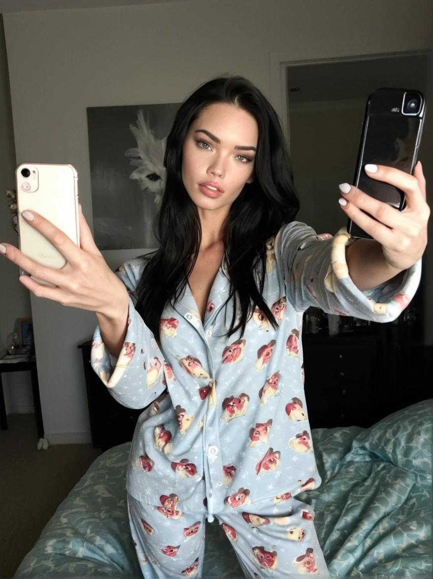 a realistic selfie miror instagram photo of a [ really beautiful exotic androgynous supermodel 19 year old woman] , with [long, dark hair] , looks like [Megan FOX] and [Adriana Lima], light makeup, looking [innocent, cute, flushed] , morning, pyjama bedroom [light] skin --ar 9:16 --stylize 750 --v 6