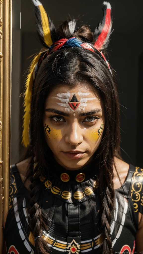 ((masterpiece)),((Best Quality)),((high detail)),((realist,)) The most characteristic features of Tezcatlipoca are:
a smoking mirror instead of standing, sometimes placed on the temple; face paint of yellow stripes combined with red, black or blue, according to the representation of the god;
body painting, that in this case, as it is about Tezcatlipoca Black, it's black;
He is sometimes depicted with his eyes covered., to demonstrate his role.