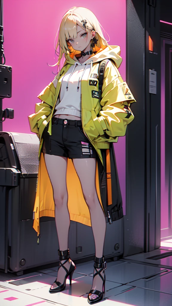 a girl with long yellow hair, blue eyes, wearing an orange hoodie and black heels, in a cyberpunk setting with her hand in her pocket, pink background