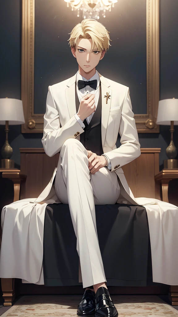 Top Half body, (masterpiece, best quality:1.2), solo, 1boy, Loid Forger, Spy family, Blond hair, looking at viewer, official art, extremely detailed CG unity 8k wallpaper, perfect lighting, (masterpiece:1.0),(best_quality:1.0), ultra high res,4K,ultra-detailed, photography, 8K, HDR, highres, absurdres:1.2, bokeh:1.2, lens flare, (vibrant_color:1.2), white Tuxedo suit, Groom suit, full body, Gala dinner, sitting, leg cross