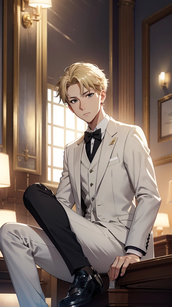 Top Half body, (masterpiece, best quality:1.2), solo, 1boy, Loid Forger, Spy family, Blond hair, looking at viewer, official art, extremely detailed CG unity 8k wallpaper, perfect lighting, (masterpiece:1.0),(best_quality:1.0), ultra high res,4K,ultra-detailed, photography, 8K, HDR, highres, absurdres:1.2, bokeh:1.2, lens flare, (vibrant_color:1.2), white Tuxedo suit, Groom suit, full body, Gala dinner, sitting, leg cross