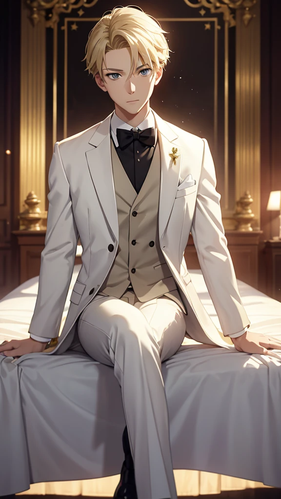 Top Half body, (masterpiece, best quality:1.2), solo, 1boy, Loid Forger, Spy family, Blond hair, looking at viewer, official art, extremely detailed CG unity 8k wallpaper, perfect lighting, (masterpiece:1.0),(best_quality:1.0), ultra high res,4K,ultra-detailed, photography, 8K, HDR, highres, absurdres:1.2, bokeh:1.2, lens flare, (vibrant_color:1.2), white Tuxedo suit, Groom suit, full body, Gala dinner, sitting, leg cross