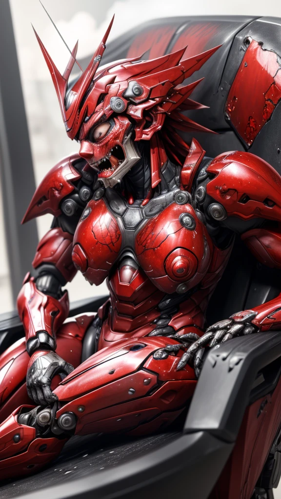 Rough skin, Very detailed, Advanced Details, high quality, 最high quality, High resolution, 1080P 、(Red Armor)(Wearing a damaged female robot suit...)(Red Armor)(Broken Armor)Black Hair、、Chiquita、My hair is soaked、Open your mouth、Sweaty face、It hurts again、cute、knock down、Female college student (Steam coming out of the face) ((Steam from the body)) Sit on a chair Touching the vagina Drooling look up suffering Ahegao
