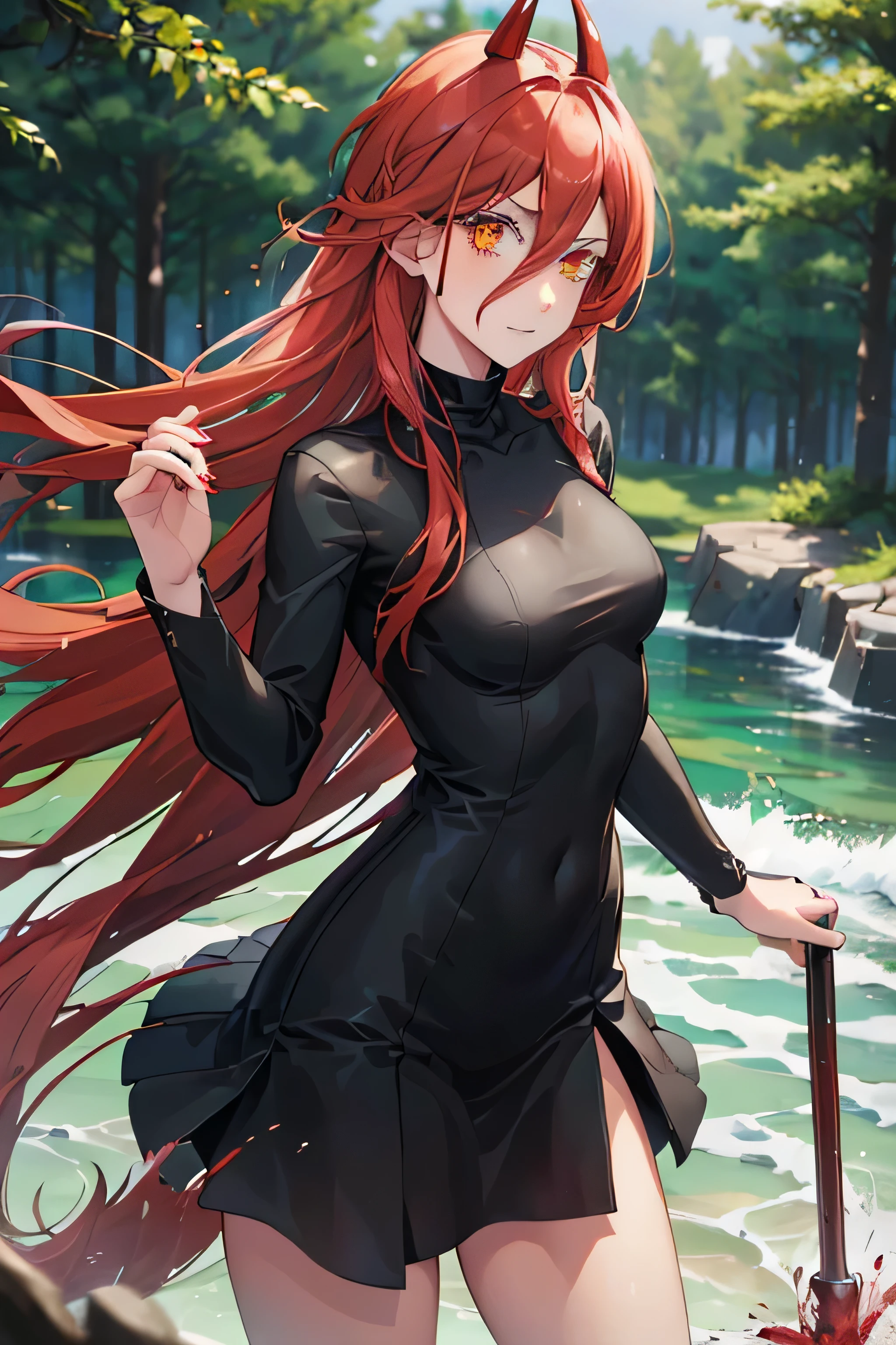 Woman, long   hair, blood red hair, emerald green eyes, staff, 

(((Black clothes)))

frozen forest 


Nao tem chifres 