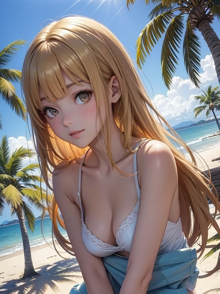 masterpiece, rich colors, Best quality, detailed, high resolution, Hyper quality, high detail, , high quality, detailing, skinny y gire beach , bright lighting , Brown eyes, Anime, palm trees, bright lighting, blonde,