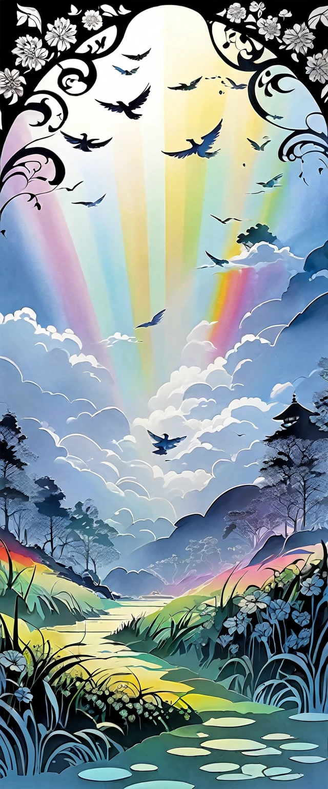 fusion of oil painting and watercolor painting, fusion of paper cutting and shadow puppetry, monochrome artworks here and there, best quality, super fine, 16k, incredibly absurdres, extremely detailed, delicate and dynamic, many cute baby angels with wings will descend to pray for peace, a mysterious gigantic artistic structure made of chrome-plated framework and glass, after the rain, sunlight shines through the gaps in the clouds, the glass reflects the rainbow colors and the timer analyzer displayed, a lot of iridescent petals fluttering down, the grass is covered with mist, creating a fantastic image effect