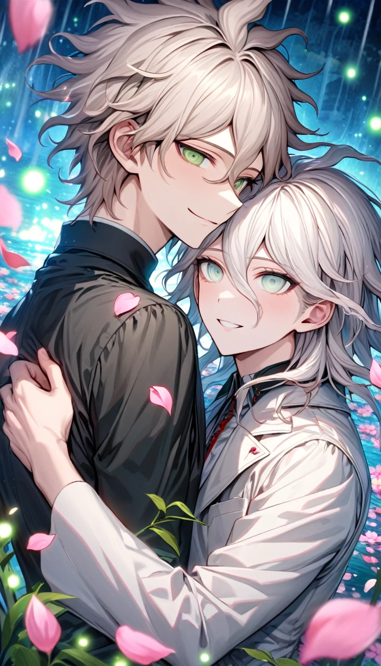 Ultra detailed, Highres, absurdres, HDR, Komaeda Nagito, white hair, expressive light gray-green eyes, Hinata Hajime, light brown hair, expressive green eyes, white coat, black shirt, Danganronpa 2, fantasy, petals, handsome, two man together, gay couple, love, very detailed eyes and face, master piece, pink flowers, blossoms, pink petals, magical, water, handsome smile, shining blue fireflies,