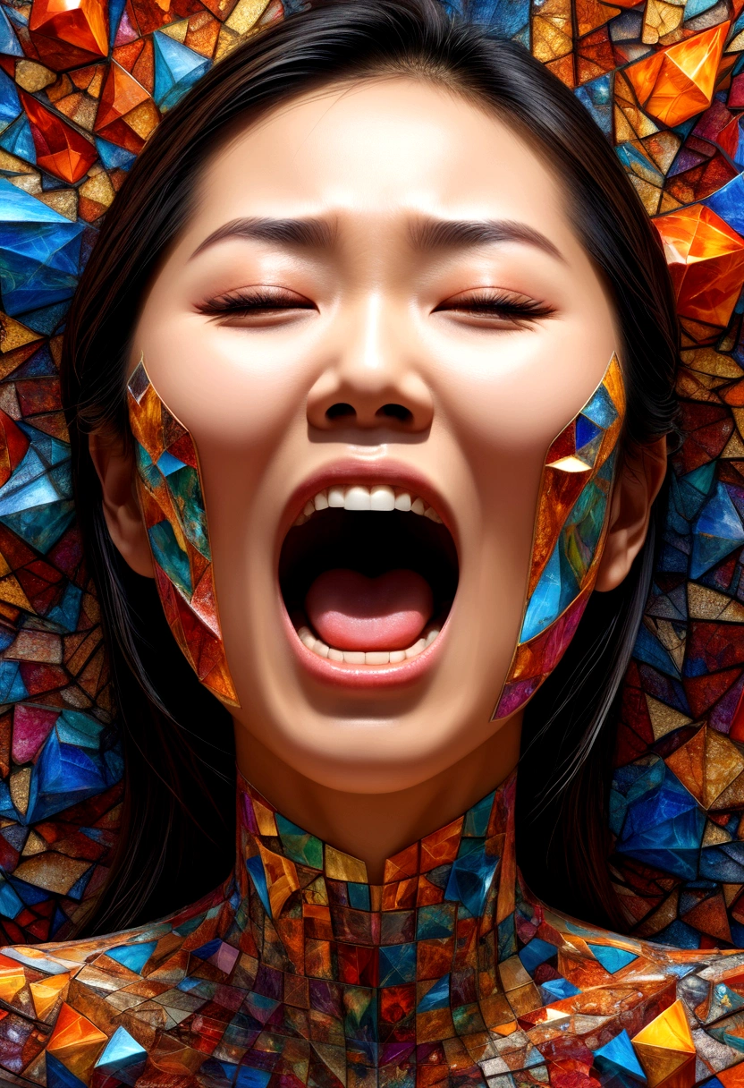 Thai women&#39;s faces(Only the face with its mouth wide open screamed in pain.),Explosion of body parts into 3D cubes , Mosaic art, masterpiece, bright colors,  ,  Highly detailed, , fractal art, , 8K, geometric concept art, sharp line