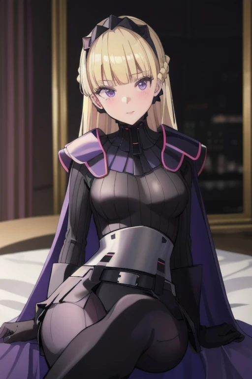 8k,highres,absurdres,masterpiece,best quality,original,extremely detailed CG,extremely detailed wallpaper,perfect lighting,1girl,solo,blurry_background,looking_at_viewer,
AmSW,long hair,blonde hair,black gloves,purple eyes,black hairband,cape,black bodysuit,medium breasts,braid,blunt bangs,sitting, park