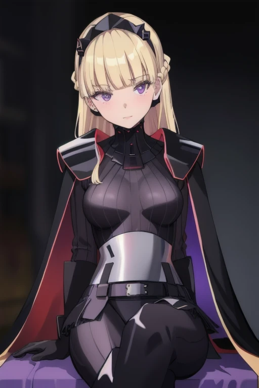 8k,highres,absurdres,masterpiece,best quality,original,extremely detailed CG,extremely detailed wallpaper,perfect lighting,1girl,solo,blurry_background,looking_at_viewer,
AmSW,long hair,blonde hair,black gloves,purple eyes,black hairband,cape,black bodysuit,medium breasts,braid,blunt bangs,sitting, park