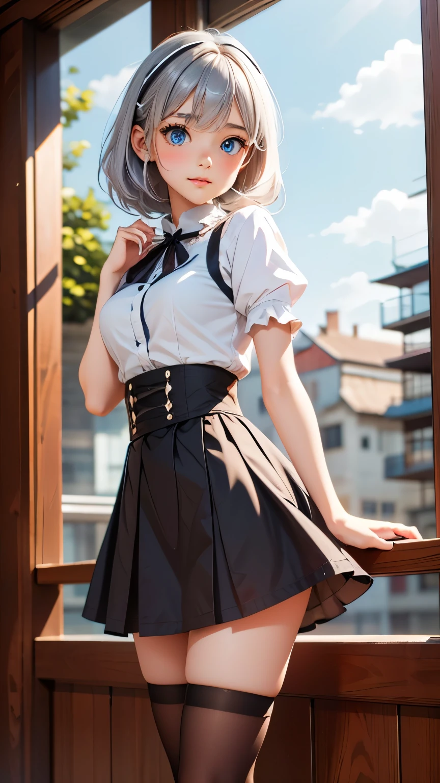 detailed face, cute face, ((masterpiece)), (Highest quality))), (Character design sheet, National costume, same characters, front, ~ side, return), figure, 1 girl, whole body, Silver Hair, eyes hair, Beautiful Eyes, Princess Cut, Environmental change scene, Short skirt, Shyness, woman, girl, Are standing, Gothic ta, VTuber, Chartern Betarola, (simple returnground, white returnground: 1.3) ( masterpiece:1.2), (Highest quality:1.3)