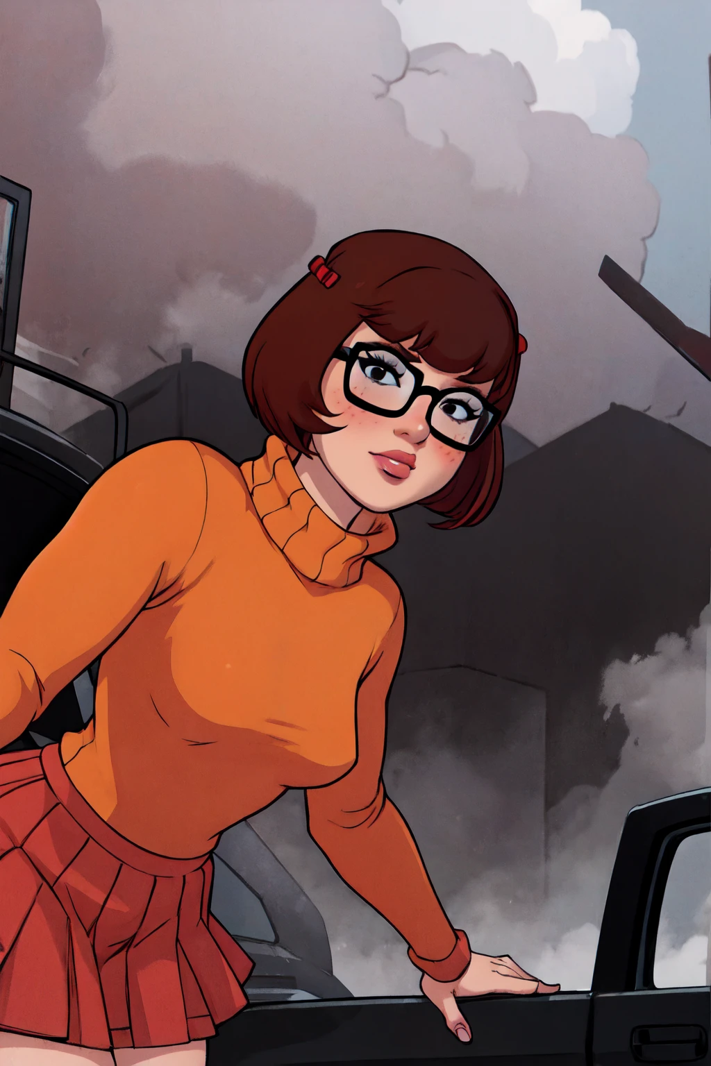 1girl, Velma from scooby-doo, solo, skinny, brown hair, black eyes, square glasses, orange turtleneck blouse and red skirt, eyeliner, looking at viewer, lips, black bob cut, blunt bangs, blush, standing, upper body, face focus, outdoors, horror \(theme\), night, fog egirlmakeup, sitting on the van car
