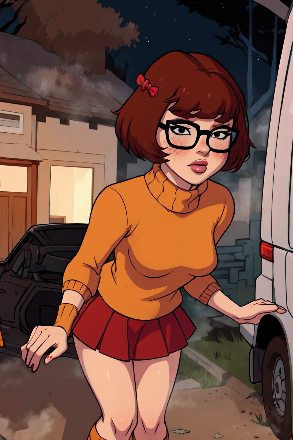 1girl, Velma from scooby-doo, solo, skinny, brown hair, black eyes, square glasses, orange turtleneck blouse and red skirt,  eyeliner, looking at viewer, lips, black bob cut, blunt bangs, blush, standing, upper body, face focus, outdoors, horror \(theme\), night, fog egirlmakeup, sitting on the van car