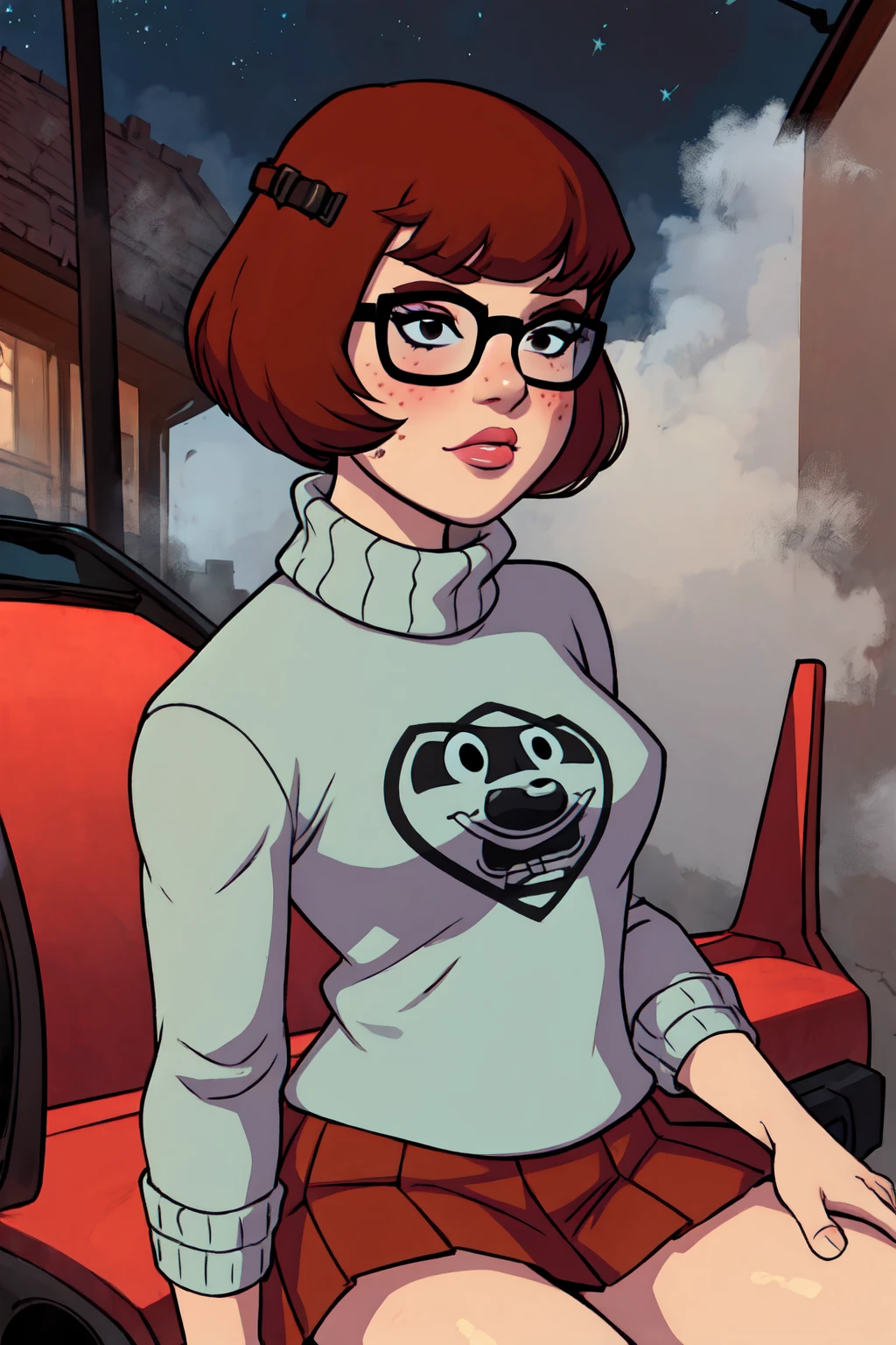 1girl, Velma from scooby-doo, solo, skinny, brown hair, black eyes, square glasses, orange turtleneck blouse and red skirt, eyeliner, looking at viewer, lips, black bob cut, blunt bangs, blush, standing, upper body, face focus, outdoors, horror \(theme\), night, fog egirlmakeup, sitting on the van car