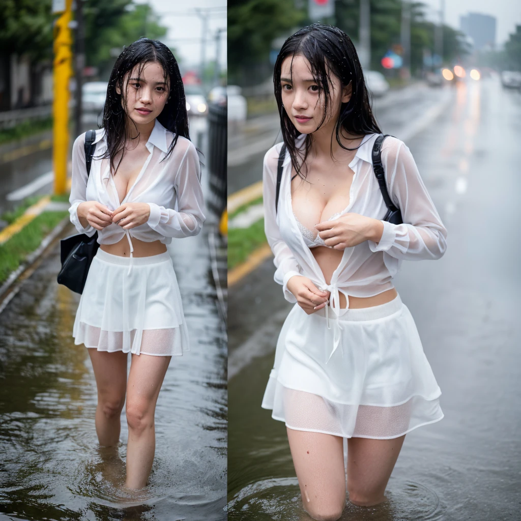 heavy rain,Daytime,Wet city road ,drenched, Dripping, Wet Face,Wet clothes, Wet Skin, Wet Hair,A young woman with a cute face like an idol,(((Cleavage))),(White blouse),(mini skirt),((Full body portrait)),(((The clothes start to melt in the water and the skin becomes visible.))),RAW Photos,Genuine,Genuine,High resolution,RAW Photos,masterpiece, beautiful