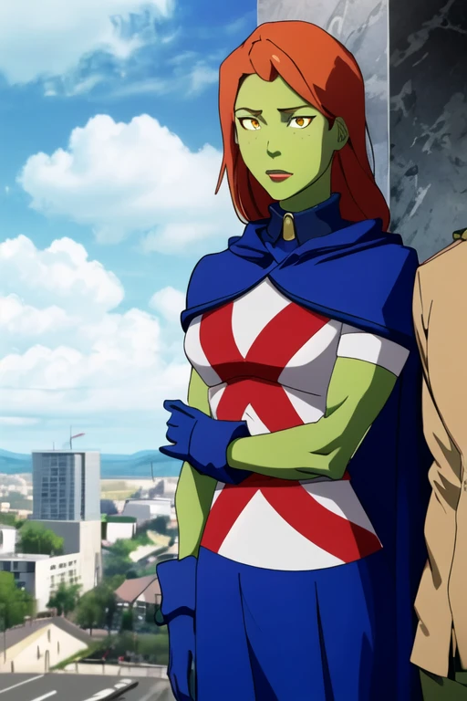 8k,highres,absurdres,masterpiece,best quality,original,extremely detailed CG,extremely detailed wallpaper,perfect, MissMartianYJ, girl1, solo, orange eyes, green skin, hair, White shirt, red X logo, blue gloves, blue cape, short sleeves, blue skirt, city