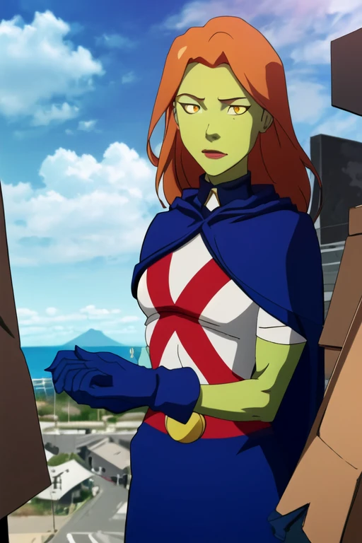 8k,highres,absurdres,masterpiece,best quality,original,extremely detailed CG,extremely detailed wallpaper,perfect, MissMartianYJ, girl1, solo, orange eyes, green skin, hair, White shirt, red X logo, blue gloves, blue cape, short sleeves, blue skirt, city