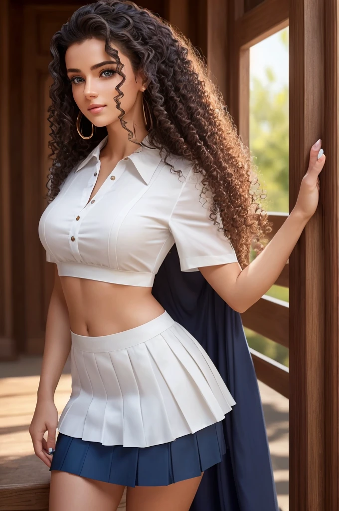 A beautiful young woman 21 years old with fair skin, piercing blue eyes and long, dark curly hair loose on the sides of the face. She is posing for a special photo. She wears a traditional , consisting of a pleated skirt, a white short sleeve blouse. Showing off her beautiful, perfect sculptural body . The scene is lit by soft natural light, highlighting your delicate features and thoughtful expression. The uniform is perfectly fitted and impeccable, reflecting your attention to detail and pride in your appearance. 8K quality rendering with exceptional detail and sharpness.