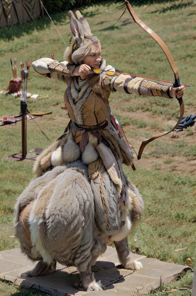 an anthropomorphic gray and tan rabbit archer dressed in leather shooting a bow and arrow while riding a chicken raptor, masterpiece, best, photo realistic