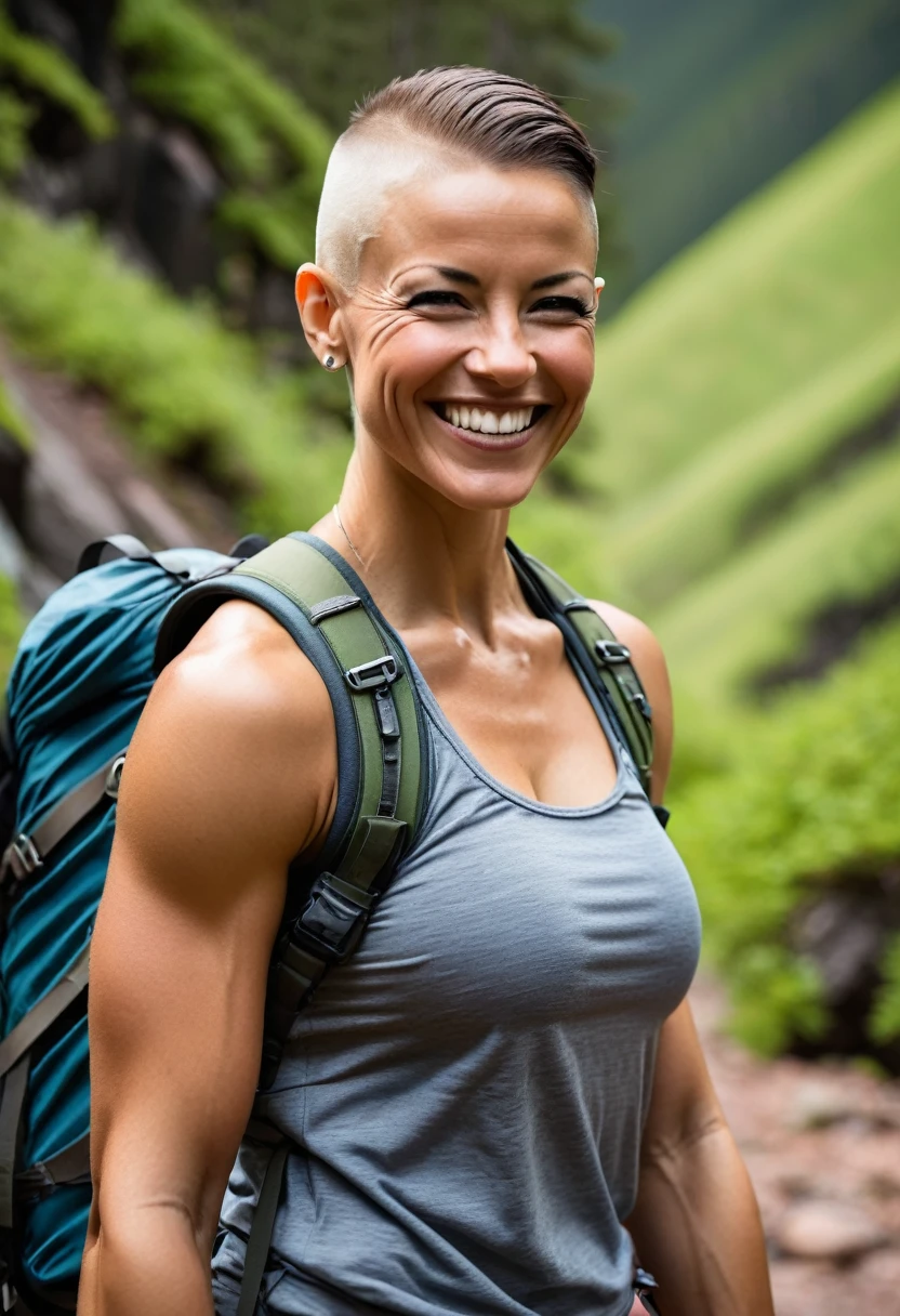 Beautiful very muscular female with the sides of her head shaved in hiking gear with a smile on her face 