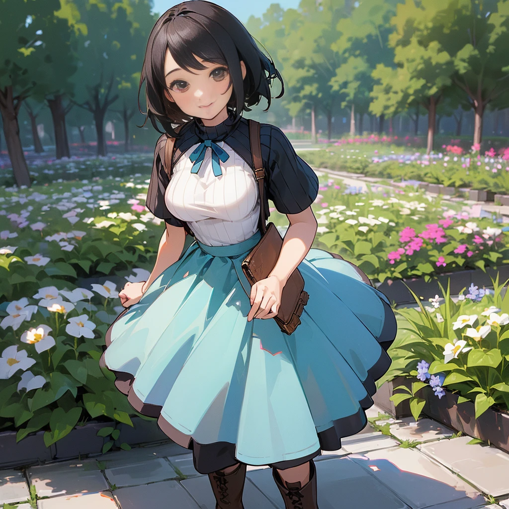 (high quality, High resolution, Very detailed, reality:1.37), Peaceful atmosphere, (Outdoor, garden), Teenage girl standing alone, (my breasts are big.), Beautiful details, Cute Smile, (Black bob hair), Short sleeve ribbed sweater, Blue Skirt, Black tights, Brown boots.