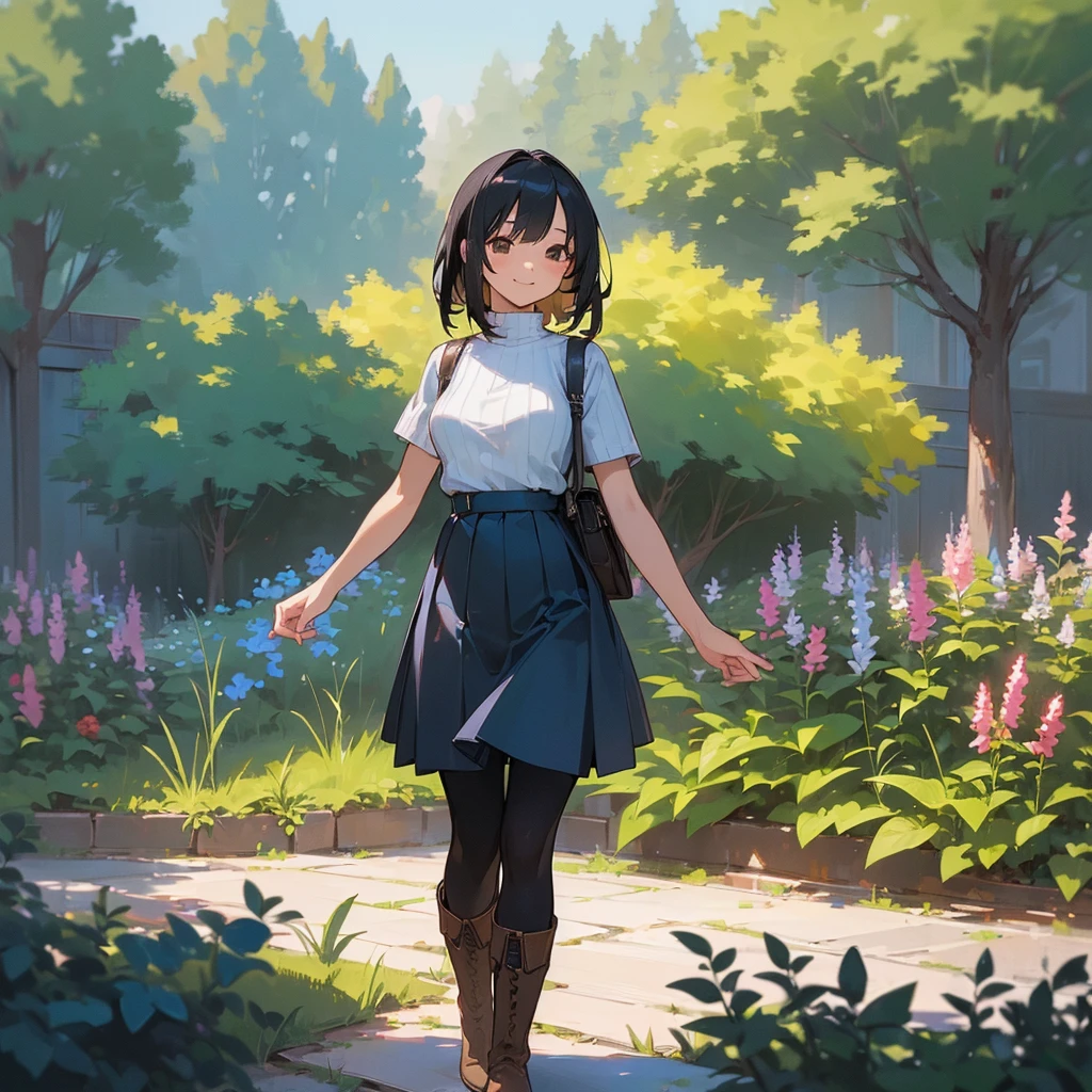 (high quality, High resolution, Very detailed, reality:1.37), Peaceful atmosphere, (Outdoor, garden), age girl standing alone, (my breasts are big.), Beautiful details, Cute Smile, (Black bob hair), Short sleeve ribbed sweater, Blue Skirt, Black tights, Brown boots.