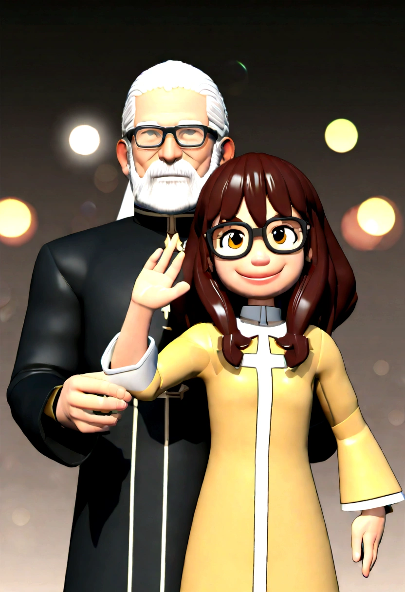 Create an image, Cartoon, 3D, High Quality, pixar, Disney, bishop, priest, catholic priest, wearing liturgical vestments, cassock, glasses, light and simple square, full beard with silver strands and hair combed to the side, cheerful, friendly face and use the attached image as the face of the image Caractere estilizado, renderização de estilo de animação, 3D estilizado, Renderização de Arnold Maya, Renderização 3D estilizada, captura de tela de renderização de toon, Personagem 3D, Personagem 3D, Renderização 3D estilizada, Renderização de personagem 3D, personagem de desenho animado, Personagem de close up, Pose de personagem, (Estilo Pixar) (parte mestre:1.2) (bokeh) (melhor qualidade) (pele detalhada) (textura detalhada) (8K) (argila) (iluminação cinematográfica) (foco nítido,Senta e vaza a parte superior do corpo