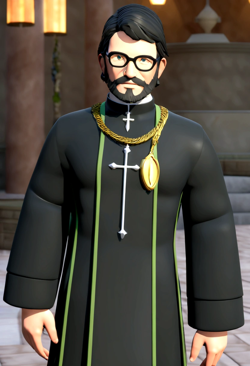 Create an image, Cartoon, 3D, High Quality, pixar, Disney, bishop, priest, catholic priest, wearing liturgical vestments, cassock, glasses, light and simple square, full beard with silver strands and hair combed to the side, cheerful, friendly face and use the attached image as the face of the image Caractere estilizado, renderização de estilo de animação, 3D estilizado, Renderização de Arnold Maya, Renderização 3D estilizada, captura de tela de renderização de toon, Personagem 3D, Personagem 3D, Renderização 3D estilizada, Renderização de personagem 3D, personagem de desenho animado, Personagem de close up, Pose de personagem, (Estilo Pixar) (parte mestre:1.2) (bokeh) (melhor qualidade) (pele detalhada) (textura detalhada) (8K) (argila) (iluminação cinematográfica) (foco nítido，Senta e vaza a parte superior do corpo