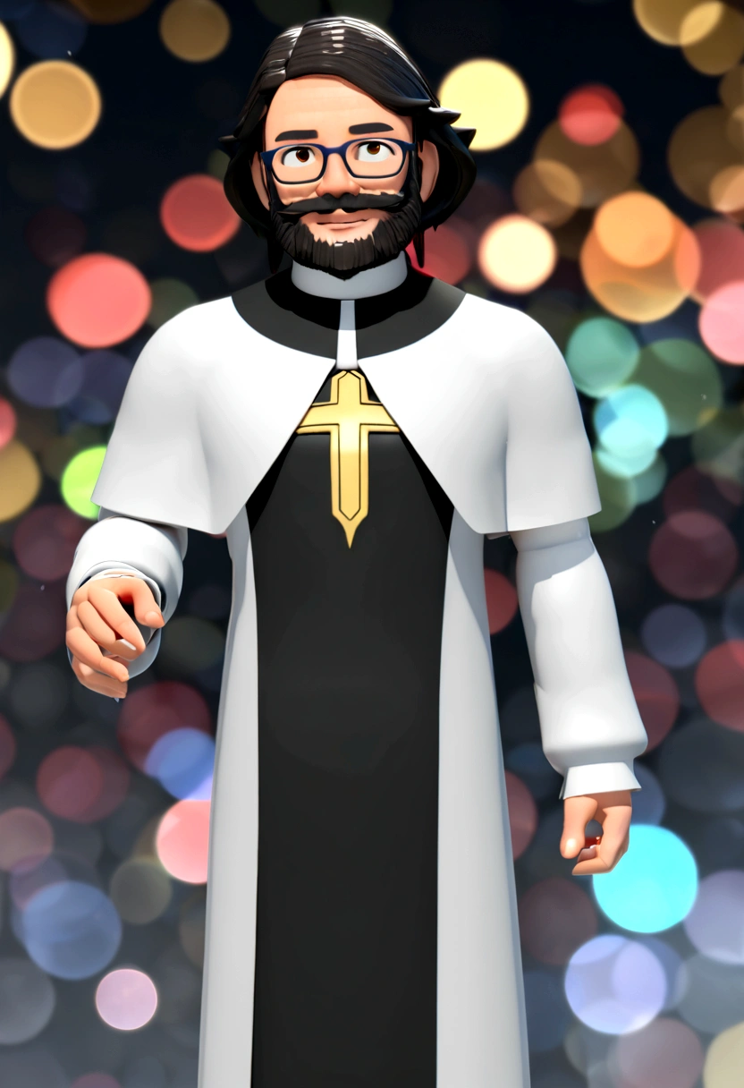Create an image, Cartoon, 3D, High Quality, pixar, Disney, bishop, priest, catholic priest, wearing liturgical vestments, cassock, glasses, light and simple square, full beard with silver strands and hair combed to the side, cheerful, friendly face and use the attached image as the face of the image Caractere estilizado, renderização de estilo de animação, 3D estilizado, Renderização de Arnold Maya, Renderização 3D estilizada, captura de tela de renderização de toon, Personagem 3D, Personagem 3D, Renderização 3D estilizada, Renderização de personagem 3D, personagem de desenho animado, Personagem de close up, Pose de personagem, (Estilo Pixar) (parte mestre:1.2) (bokeh) (melhor qualidade) (pele detalhada) (textura detalhada) (8K) (argila) (iluminação cinematográfica) (foco nítido,Senta e vaza a parte superior do corpo