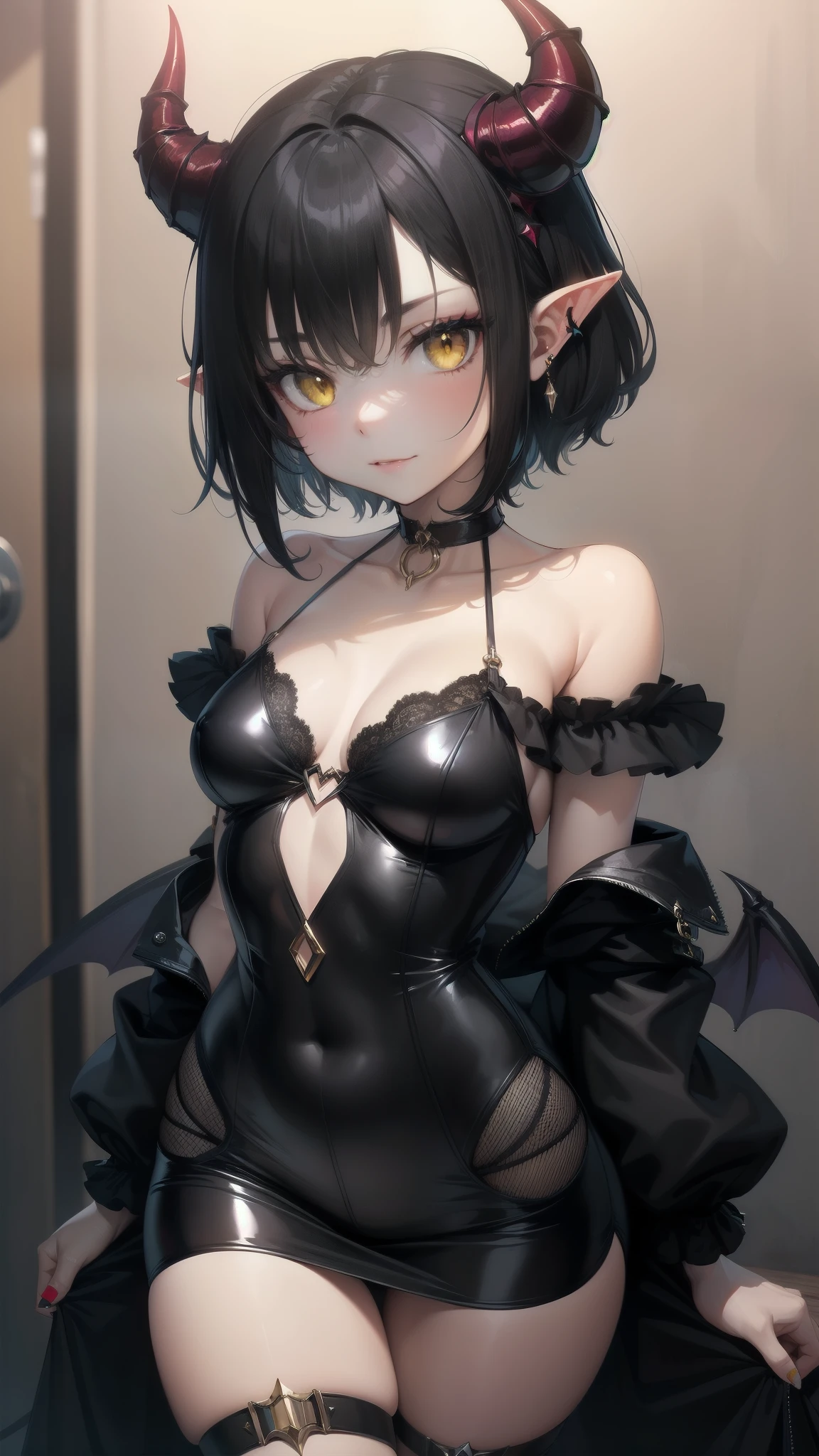 Devil Girl, Black Hair, Pointed Ears, Yellow Eyes, short hair, choker, , Devil horns, Devil's Tail, Red Corner, break (Sticking out tongue:1.2, Black mini skirt:1.2, Gold Bikini:1.5, Gold Micro Bikini, shirt:1.2), (Red skin:1.8), Shiny skin, On the bed, pillow, break large breasts, Wide Hips, Open your mouth, Nipples, Happy, smile, Blushing, Breath Cheek, Sweat, Take off, break (Focus on the girl),(High school girl uniform:1.7)