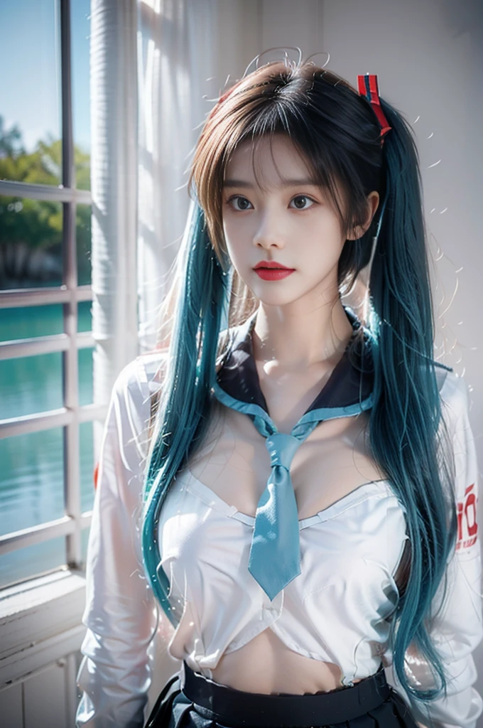 hatsune miku, cosplay, aqua hair, twintails, hair ornament, very long hair, headphones, alternate costume, , sailor collar, serafuku, shirt, long sleeves, necktie, skirt, pleated skirt beauty, Beautiful woman，Have a perfect body：1.4，Layered Hairstyle，((Big breasts)), ((D cup)), Visible cleavage，Bare shoulders, Highly detailed face and skin texture，Double eyelids，Skin Whitening，Long hair，Whitening long legs，Standing by the sea, Fashion girl, Red lips, Sweet maiden, Beautiful makeup, detail, lifelike, Very detailed, amazing, beautiful, Young and energetic, high quality，High Definition, rich and colorful，Exquisite, Smooth skin, The skirt is short, Lift the skirt with your hands, Elegant and charming posture, Official Art, Extremely detailed, Movie atmosphere, Soft colors, Natural skin texture,