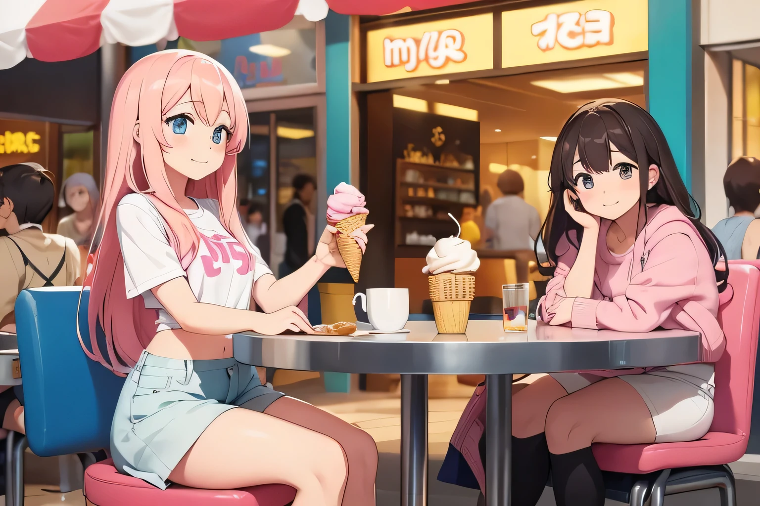 "Anime girl, Yuni NIKKE, PRIORITY IDENTICAL CLOTHING BY IMAGE TASK ID CPIFKKTE878C73D78QEG, DETAILED IMAGE, Small breasts, Light Pink Long Hair with BANGS, NO FOREHEAD VISIBLE, full body, Thin Waist, Wide Hips, cute expression". She's sitting in a comfortable chair at a table in an ice cream parlor in a busy mall. She holds a colorful ice cream with an expression of pure happiness on her face. The surrounding area is full of people passing by, chatting and shopping.
