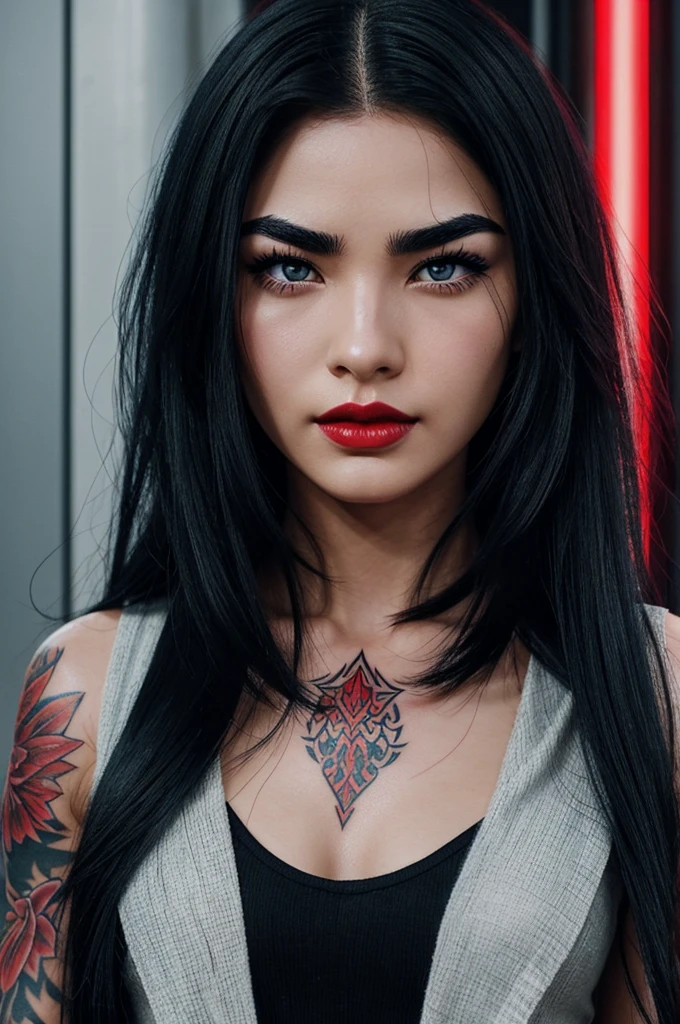 black hair with long hair, short fringe above the eyebrows, blue eyes, clear skin, outlined , eyebrow and lip piercing, burnt red lips and tattoo on the neck of a red lily with the animation style of tokyo revengers