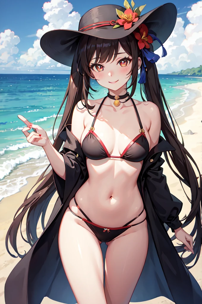 hd,8k,ultra qualty,1girl, ((solo)), hutao_genshin, standing, neck bell, flower, bare arms, very long hair, long hair, twintails, brown hair, red eyes, stomach, cleavage, choker, sidelocks, symbol-shaped pupils, smile, bikini, on stomach, ((flower-shaped pupils)), red bikini, navel, red flower, black choker, bare shoulders, hair ornament, strap slip, hair flower, thighs, day, outdoors, thigh gap, plum blossoms, bell, blush, looking at viewer, ((sky)), blue sky, (beach), sea, sand, black hat, black chinese hat,