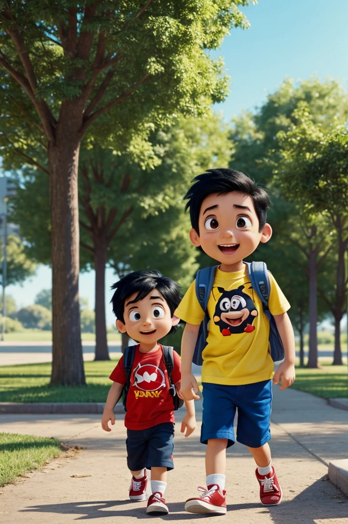 A boy with a t-shirt and a backpack in a park. Cartoon character like Pixar. sunny. The boy has black hair and red sneakers.. Animation style. comic. like disney. How to Pixar.