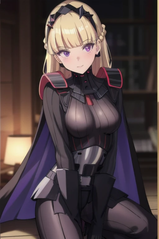 8k,highres,absurdres,masterpiece,best quality,original,extremely detailed CG,extremely detailed wallpaper,perfect lighting,1girl,solo,blurry_background,looking_at_viewer,
AmSW,long hair,blonde hair,black gloves,purple eyes,black hairband,cape,black bodysuit,medium breasts,braid,blunt bangs,crawling 