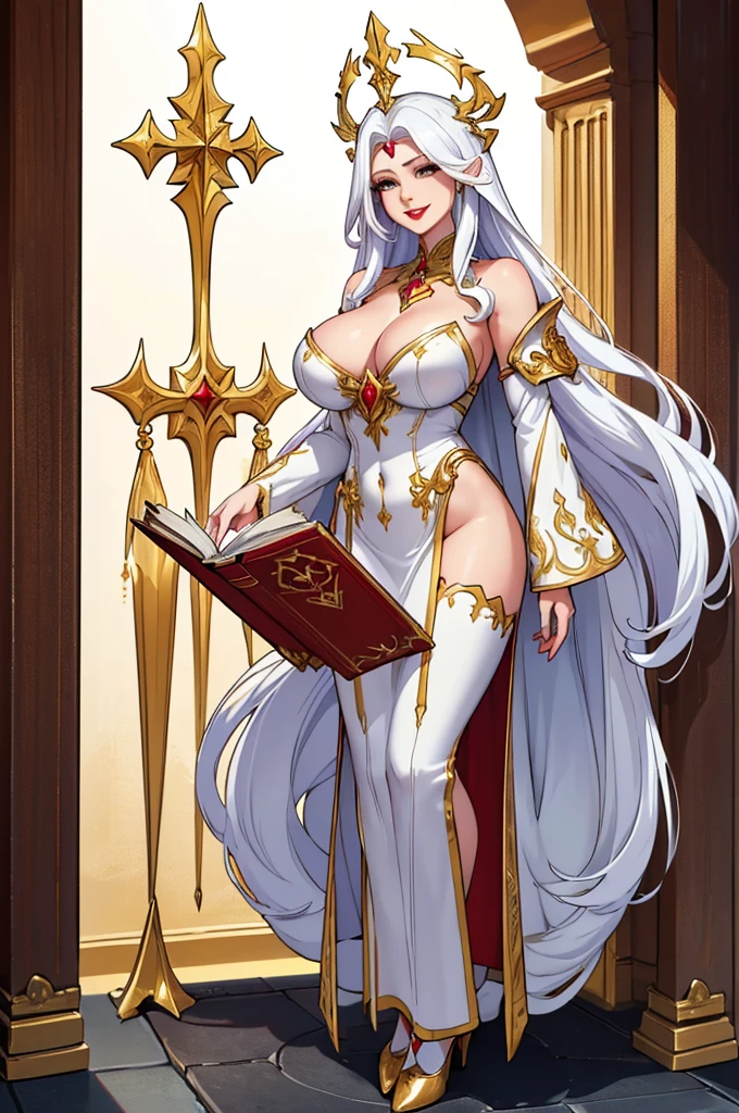 (masterpiece, best quality, high resolution, ((full body standing,)),((huge breasts)) 1 mature beautiful woman, very long white hair, red lips, two light white fantasy cleric costume with gold details, full body, cleric headdress fantasy holding a book in the right hand, calm smile((full body))