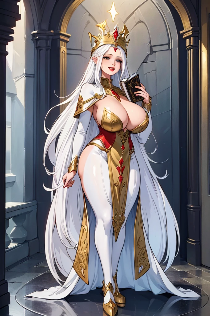 (masterpiece, best quality, high resolution, ((full body standing,)),((huge breasts)) 1 mature beautiful woman, very long white hair, red lips, two light white fantasy cleric costume with gold details, full body, cleric headdress fantasy holding a book in the right hand, calm smile((full body))
