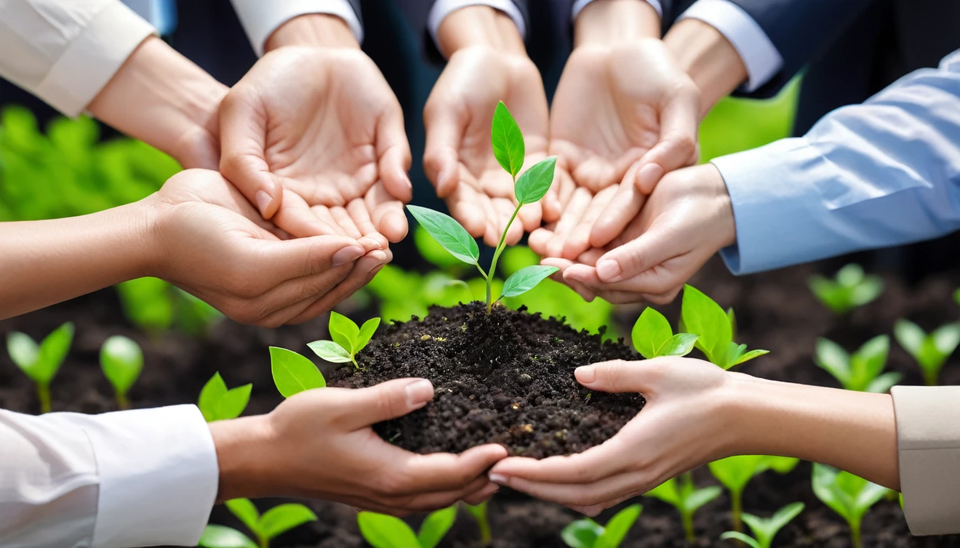 environment cooperation. unity of business people and community together protecting small sprout with hand. future environmentalcoservation and sustainable esg modernization development
